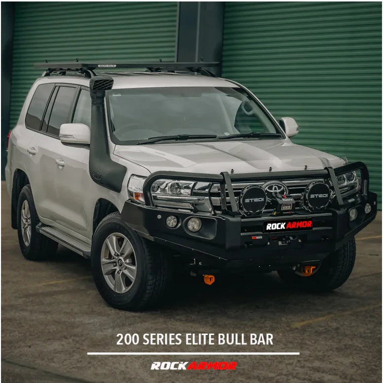 Silver toyota landcruiser 200 series with black rockarmor elite bullbar and synthetic winch rope frontal combo