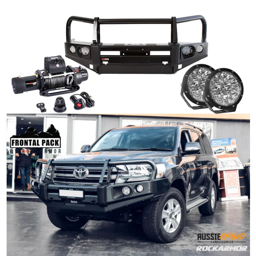 Frontal pack armor in black steel for toyota lancruiser 200 series 2015-2021 with rockarmor elite bullbar and synthetic winch rope