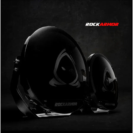 Glossy black off-road lights featured in the rockarmor elite bullbar frontal combo for toyota prado 150 tear drop