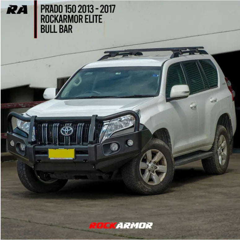 Silver toyota prado 150 equipped with rockarmor elite steel bullbar featuring a black hoop steel bullbar