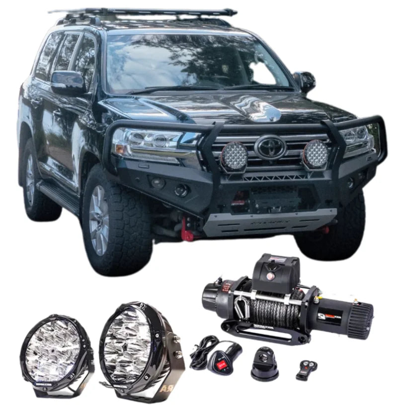 Black Toyota 200 2015+ off-road vehicle equipped with rockarmor gt steel hoop bullbar and synthetic winch rope accessories