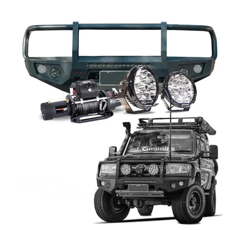 Rockarmor gt steel hoop bullbar combo pack in black steel for toyota landcruiser 76 78 79 2007-2023 full bar replacement