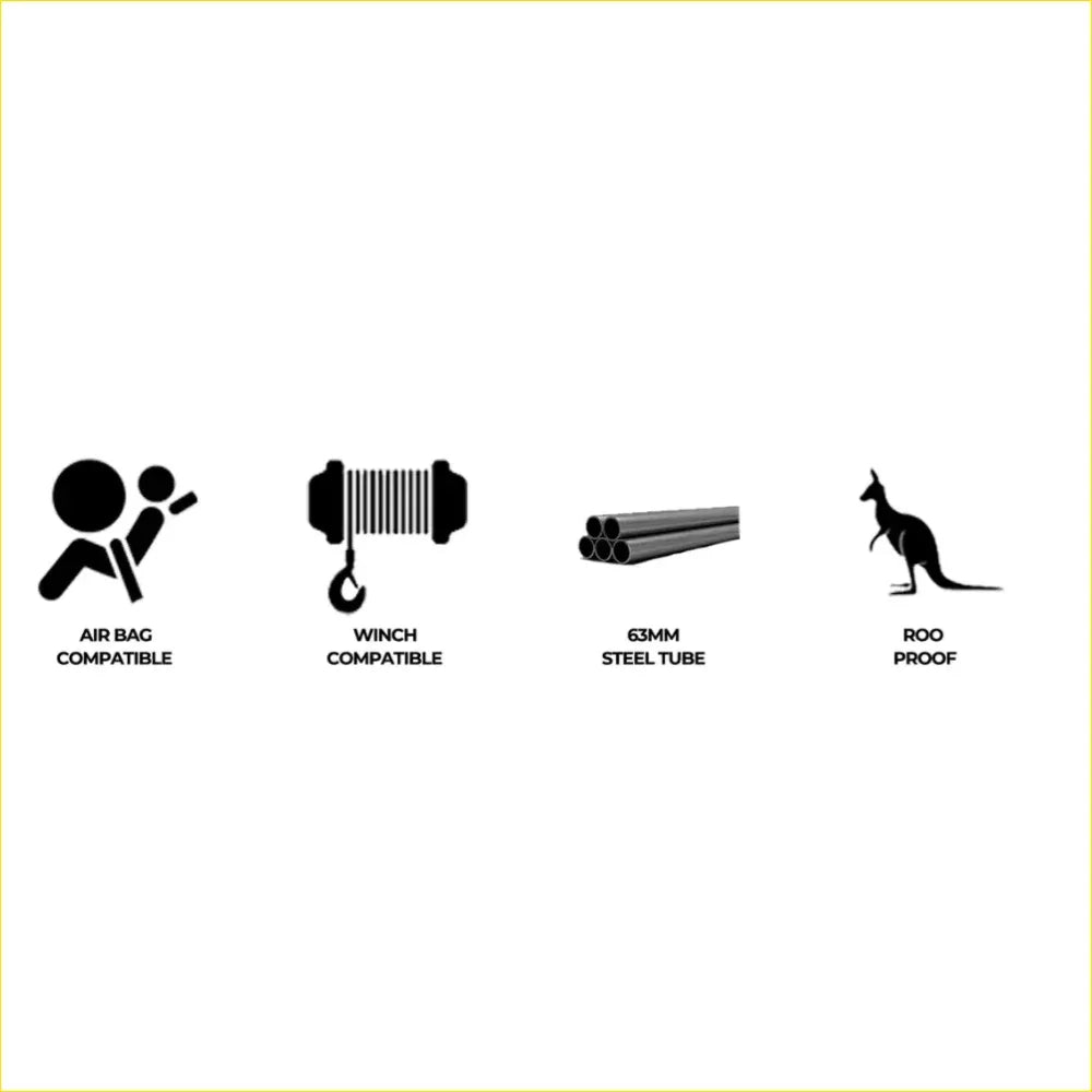 Black silhouette icons show airbag and winch compatibility 63mm steel tube and roof proof features for rockarmor rock pack bullbar