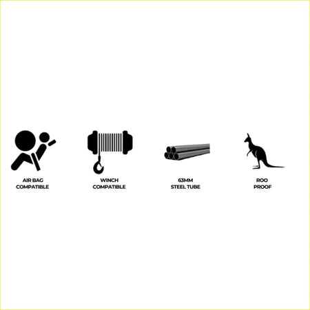 Black silhouette icons show airbag and winch compatibility 63mm steel tube and roof proof features for rockarmor rock pack bullbar