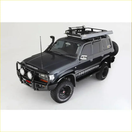 Black toyota land cruiser fj80 1992-1997 with rockarmor rock pack premium bullbar rugged off-road roof rack shown from back