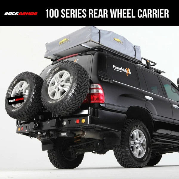 Black toyota landcruiser rear bar with rockarmor steel dual wheel carrier and roof tent showing rear side view