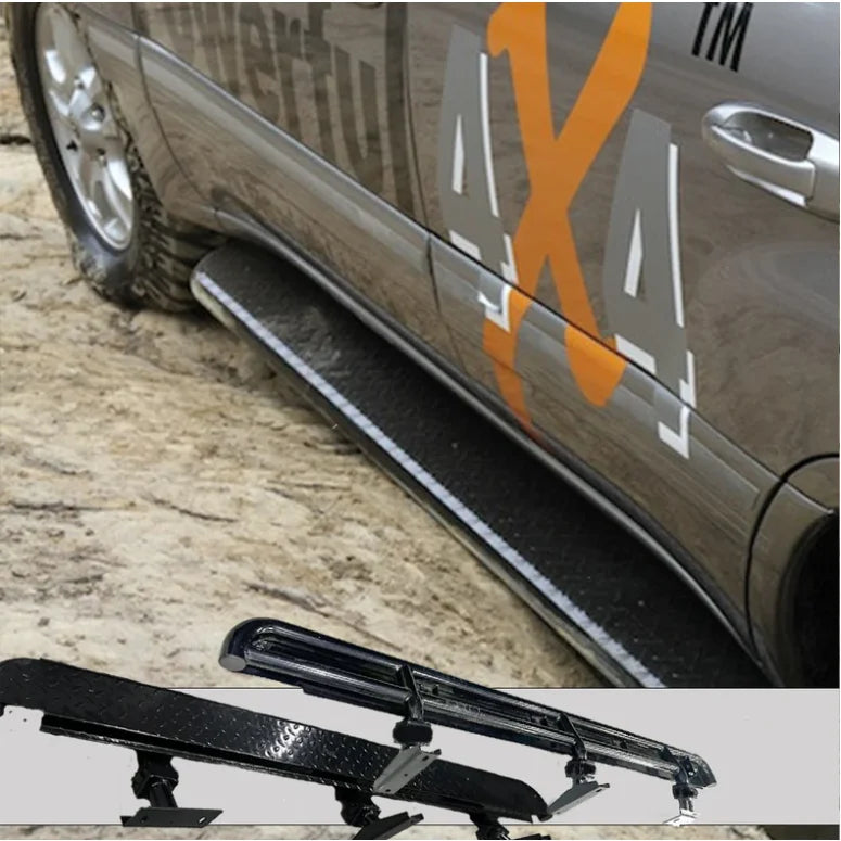 Black rockarmor steel rockslider checker plate step for toyota landcruiser fj100 series ifs 1998-2007 shown from back side